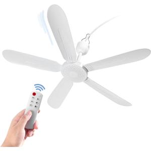 Mengnessly 28" Inch Ceiling Fan AC 110V/DC 12V Indoor Outdoor Gazebo Electric Fans for Tent with Remote Control Portable Hanging Plug in No Light White Bedroom Porch Quiet Small Room RV Garage Dorm