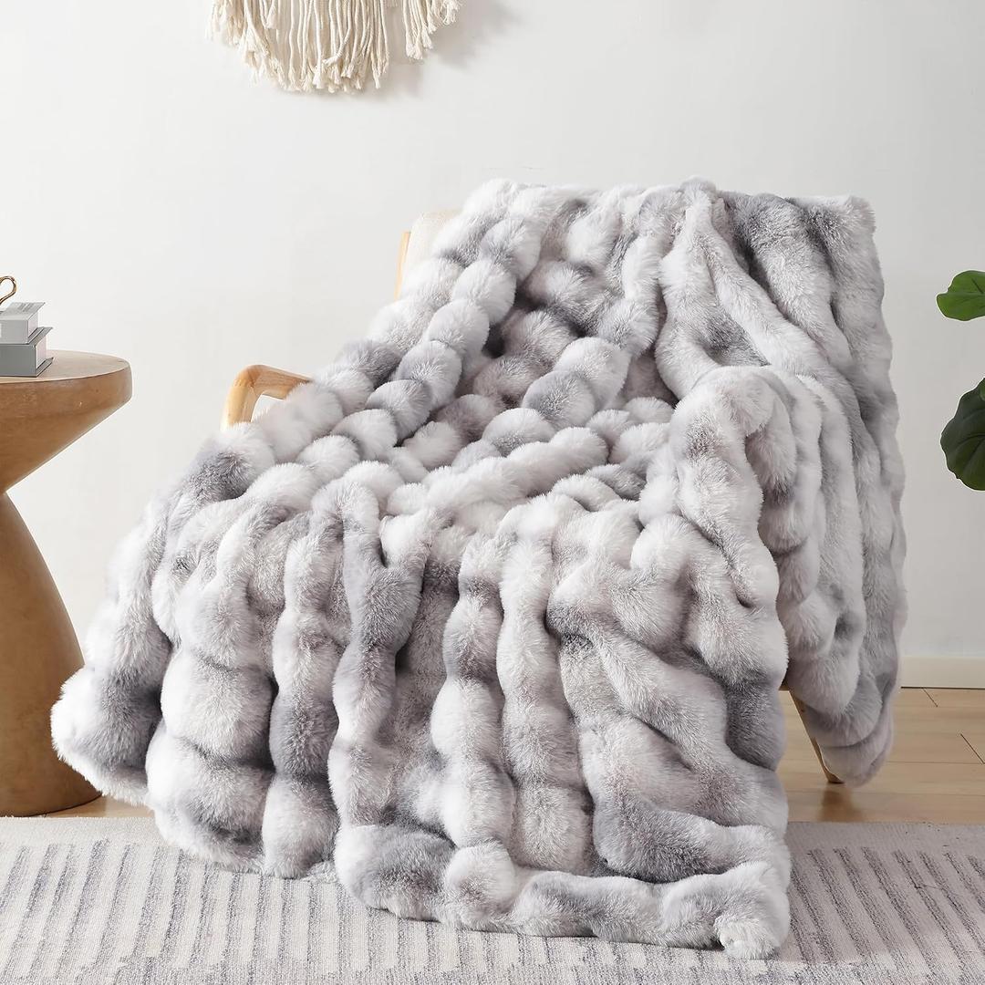 Smoofy Faux Fur Throw Blanket for Couch - Tie-dye Grey Super Soft Cozy Bubble Blanket, Fluffy Plush Fuzzy Throw for Sofa & Bed, Thick Lightweight Warm Blanket, Luxury Aesthetic Gift for Women 50"x60"