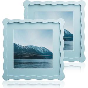 8X8 Wavy Picture Frame With Mat For 6X6, Wavy Edge Wooden Picture Frame with Real Glass - Wall Mount and Tabletop Display, Blue, 2 Pack