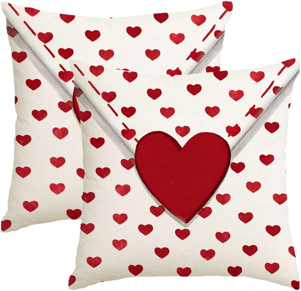Valentine Pillow Covers 18X18 Set of 2,Red Love Heart Envelope Decoration Outdoor Cushion Cases for Valentines Decor Decorative for Home Couch Patio White