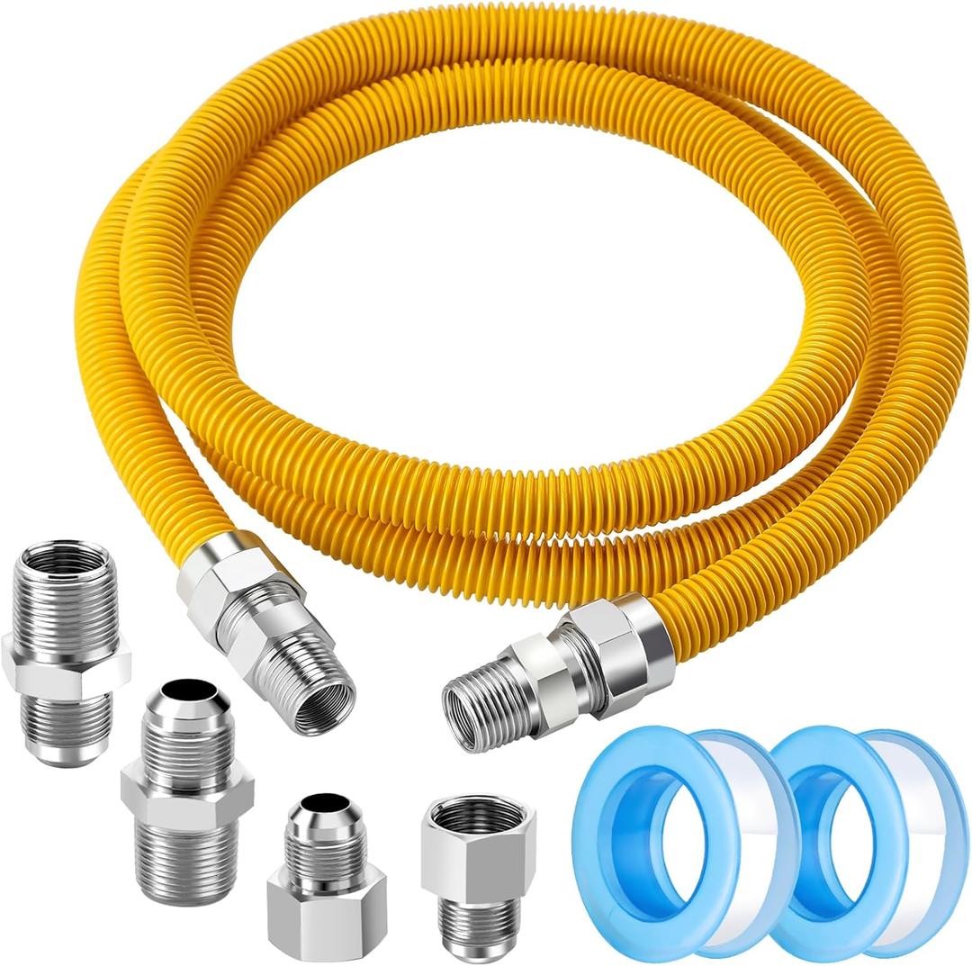 Puxyblue [2025 NEW] 72" Flexible Gas Line Kit for Dryer Stove Range Flexible Stainless Steel Gas Dryer Kit - 3/4" OD(5/8" ID) Dryer Gas Line with Connector 3/4" FIP & 1/2" MIP & 3/4" MIP Fitting