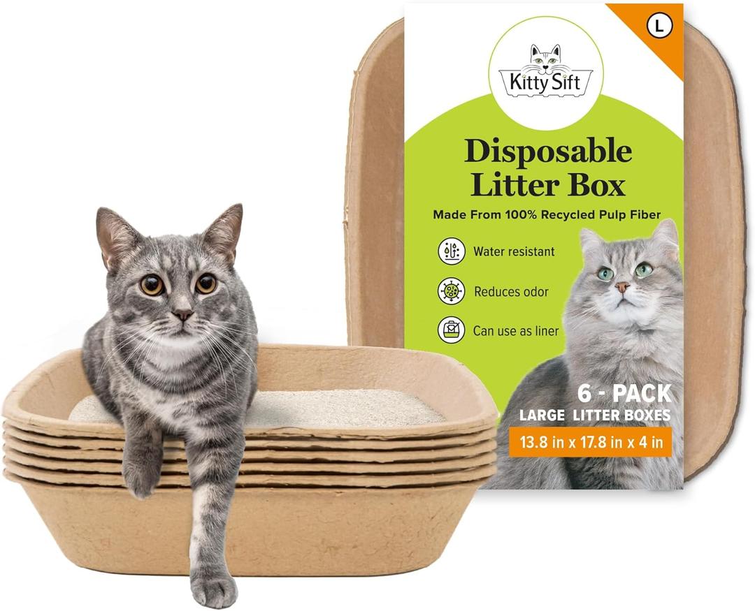 Kitty Sift Disposable Cat Litter Box Large, 6 Count, Durable Portable for Travel and Home, Eco-Friendly Disposable Litter Box Controls Odor, Large