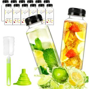 12pcs 12oz Plastic Juice Bottles, Reusable Juice Containers with Black Tamper Proof Lids, Brush, Funnel and Labels, Clear Juice Containers for Juicing, Smoothie and Homemade Beverages