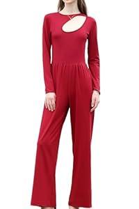 RONGTAI Womens Jumpsuit High Waist Dressy Casual Loose Overalls One Piece Long Sleeve Wide Leg Pant Romper Red L