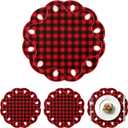 Set of 4 Christmas Placemats 15 Inch Scalloped Cotton Linen Placemats Embroidery Christmas Buffalo Plaid Placemat Washable Red and Black Plaid Place Mats for Xmas Holiday Dinner Table Setting Decor