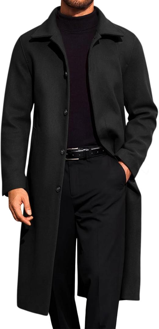 Runcati Men's Long Trench Coat Single Breasted Lapel Overcoat Casual Fall Winter Warm Pea coat (Medium, Black)