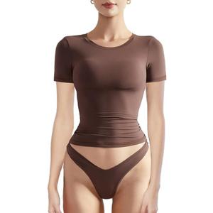 Women Basic Slim Fit Crop T Shirts Tops Short Sleeve Y2K Going Out Tops Tight Tee Summer Outfit (1# Brown,L)