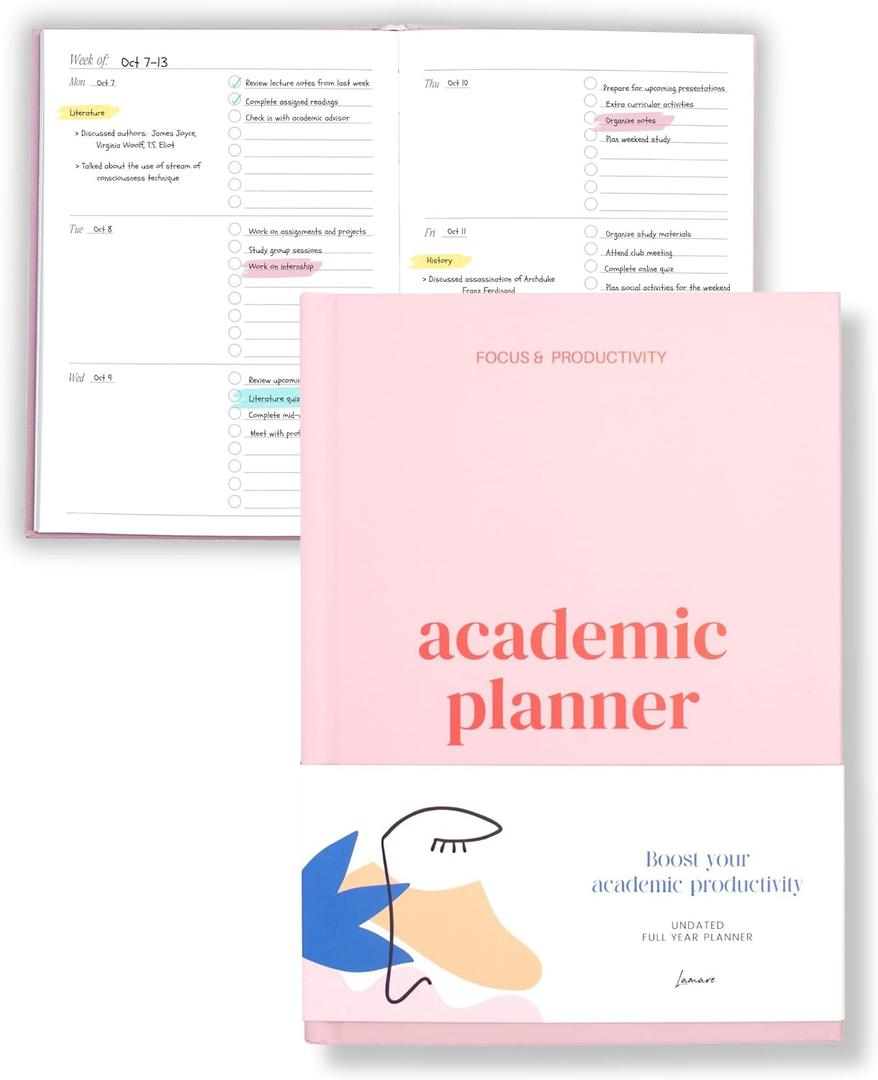Lamare Premium Academic Planner – Undated Weekly College Student Planner
Start Anytime | College Planner and School Planner for High School, College, Nursing Students & Homeschool Year Planner