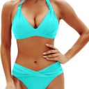 Yonique Women Two Piece Bathing Suits Push Up Bikini Set Halter Swimsuit Vintage Swimwear (Blue, M)