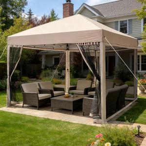 10x10 Pop Up Canopy Tent with Mosquito Netting, Ez Up Portable Waterproof Instant Outdoor Screen Shelter, Pop Up Tent for Patio, Backyard, Parties, Camping and Events, Beige