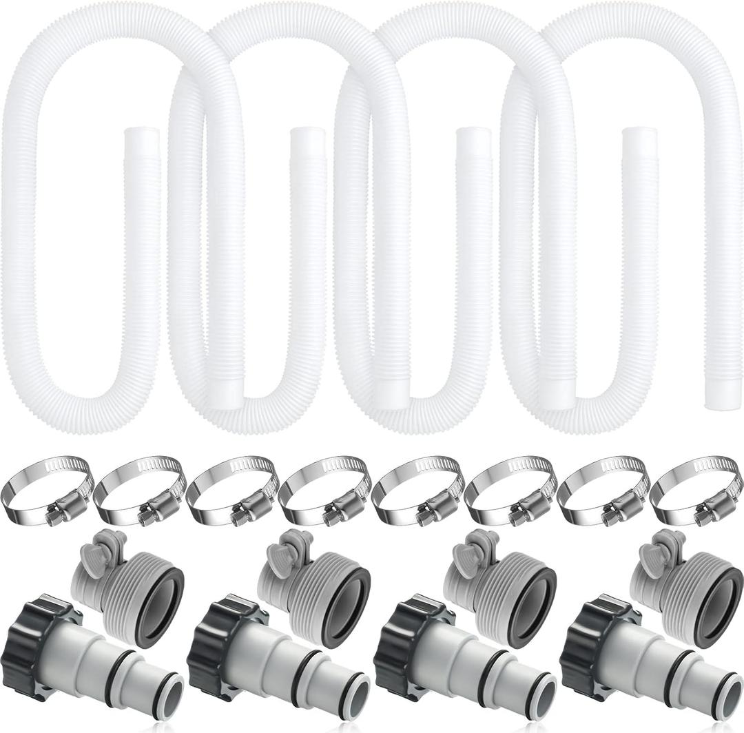 EBOOT 4 Set Pool Pump Hose for Above Ground, 1.5 Inch x 59" Replacement Filter Hose with 8 Clamps and 8 Adapters for Swimming Pool Compatible Accessories(White)