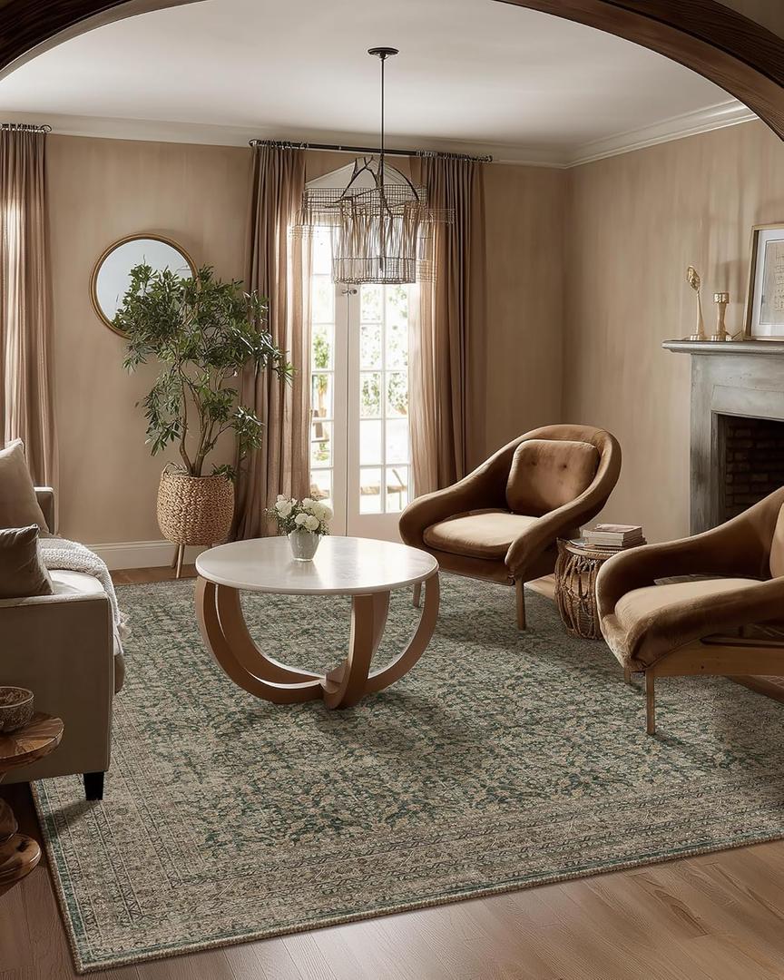 Machine Washable Rugs for Living Room: 5x7 Area Rugs Boho Vintage Rugs Stain Resistant Non Slip Low Pile Soft Lightweight Carpet for Bedroom Kitchen Dining Room Nursery Kids Room Farmhouse (Dark Green Brown)