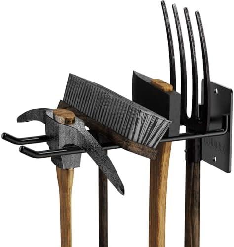 OUUO 4 Pack Garage Storage Organizer for Tool Organization Heavy-Duty Solid Steel Wall Hanger for Garden Tools - Shovel Holder, Rake Broom Yard Wall Mount Hooks - Overhead Garage Storage Rack