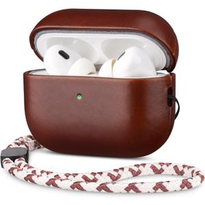 Genuine Leather Case Compatible with AirPods Pro 3 (3rd Gen 2025) - Luxury Elegant Style Protective Cover, Adjustable Braided Lanyard, Rugged Hard Shell & Develops Patina Over Time, Red Brown