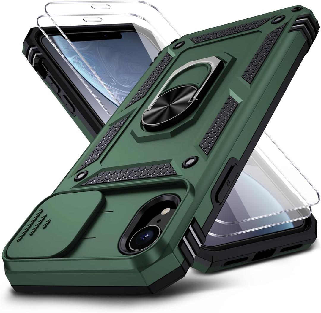 for iPhone XR Case, iPhone XR Phone Case with 2X HD Screen Protector + Slide Camera Cover,[Military Grade] 16ft. Drop Tested Protective Case with Magnetic Ring Kickstand, Pine Green