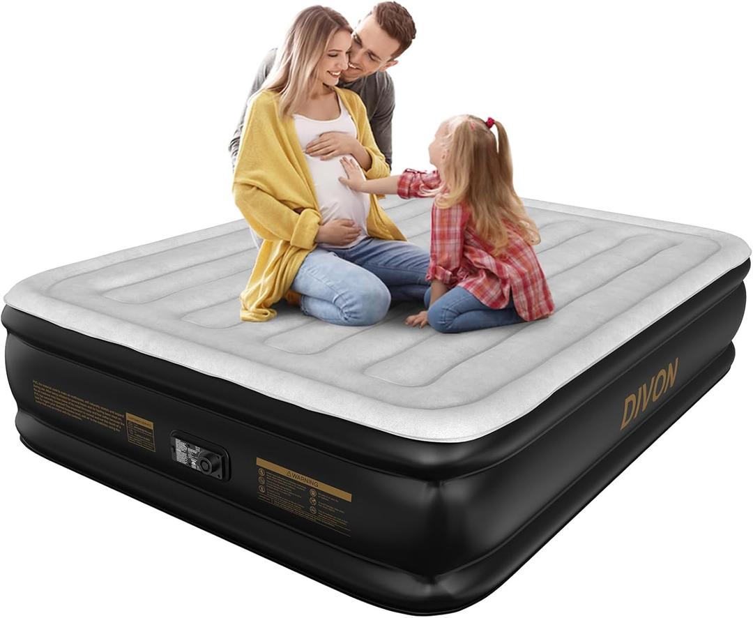 DIVON Air Mattress Queen with Built in Pump,Blow Up Mattress with Wave Pattern in 3 Mins,18'' Quick Inflatable Mattress, Luxury Airbed for Home&Camping,Black,660lbs (Grey)