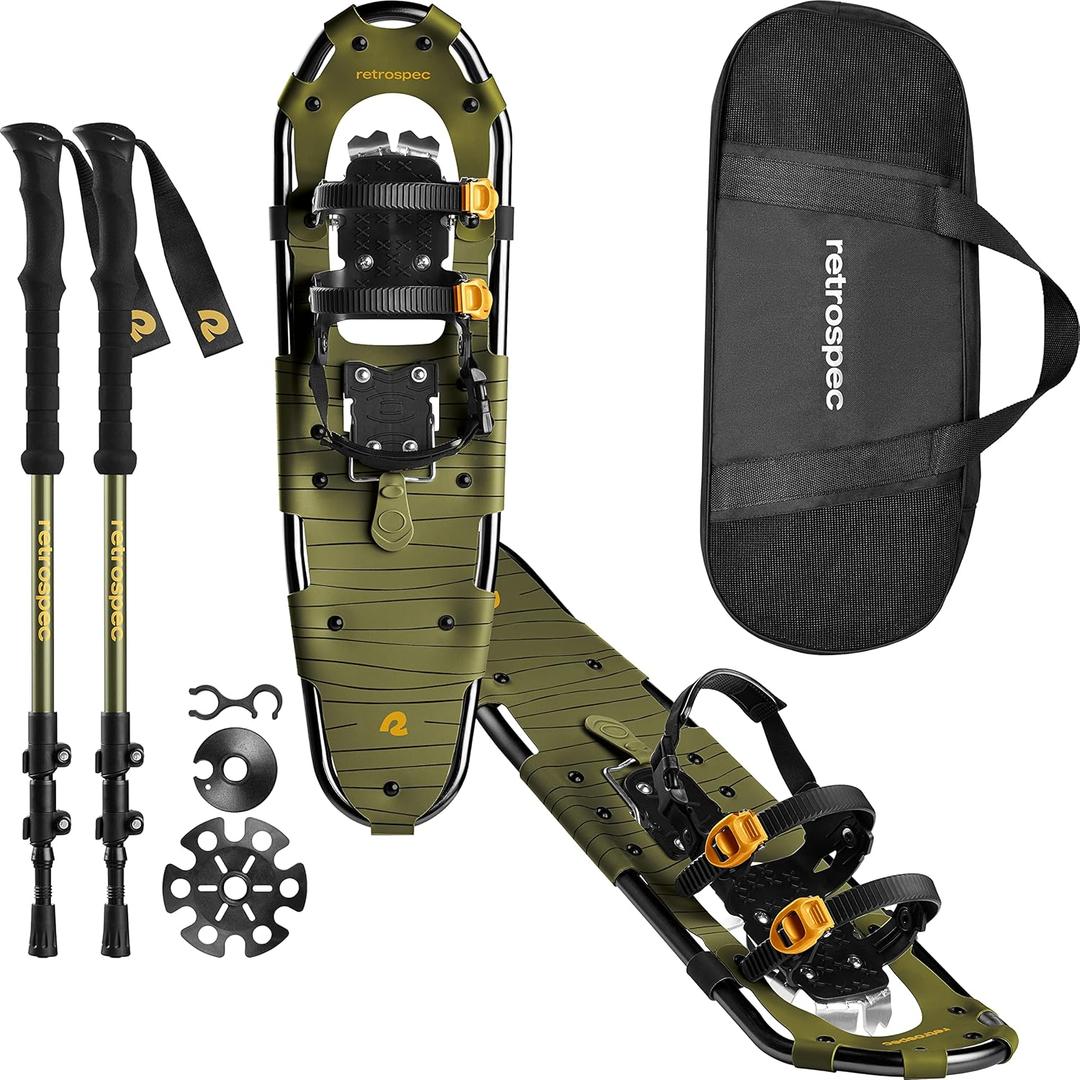 Retrospec Drifter Snowshoes & Trekking Poles Bundle with Adjustable Bindings - Lightweight Aluminum Snow Shoes for Women & Men - All Terrain Hiking & Winter Sports (30", Olive)