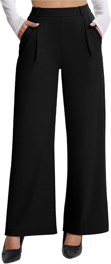 AVAMO Womens Dress Pants Wide Leg Stretchy Work Pants Pull On Business Casual Trousers Slacks for Women with Pockets, Black, Medium