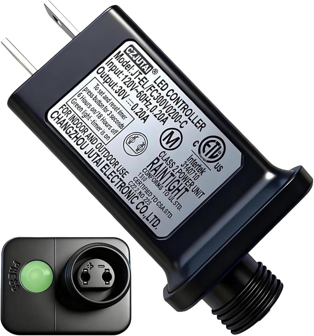 Yowin 30V 6W Class 2 Power Supply 120V AC 60hz Christmas Tree Lights Adapter with 6h Timer, 8 Modes Power Supply Waterproof Inflatable Plug Replacement, 2 Pin LED Driver Connector for Outdoor Lights