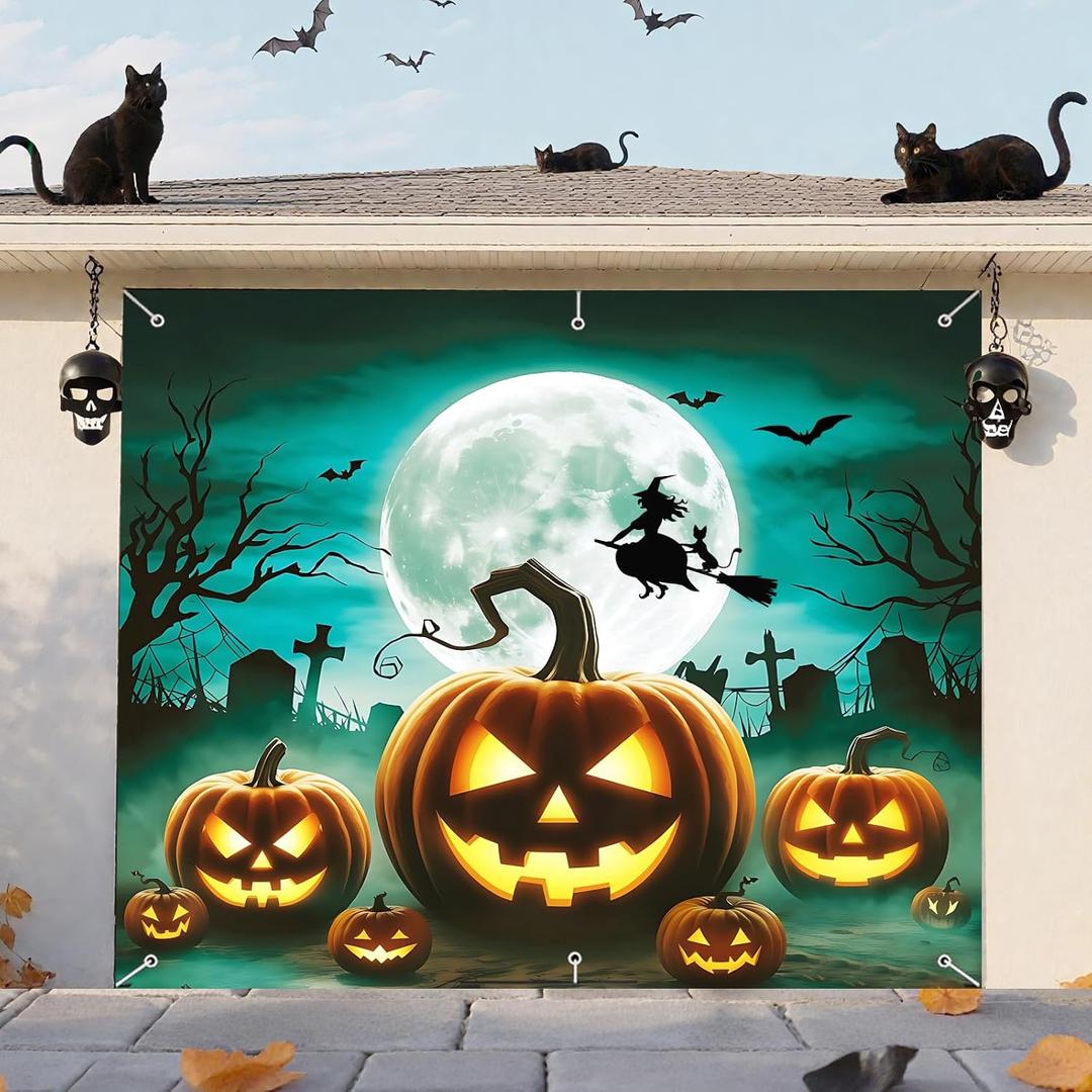 Halloween Garage Door Banner Pumpkin Hanging Backdrop Horror Moon Night Door Cover Halloween Wall Decorations Scary Cemetery Photo Background for Outdoor Holiday, 7 x 8 Ft (Green)