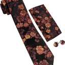 Barry.Wang Flower Ties for Men Silk Woven Floral Tie Sets Necktie Handkerchief Cufflinks Wedding Party (Burnt Orange)