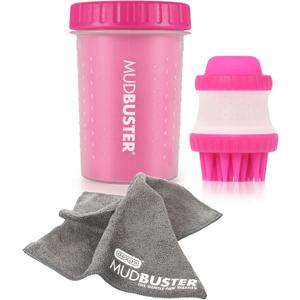 Dexas MudBuster Portable Pet Cleaning Kit with Dog Paw Washer, Pet Bathing Brush, Microfiber Towel, Medium, Pink