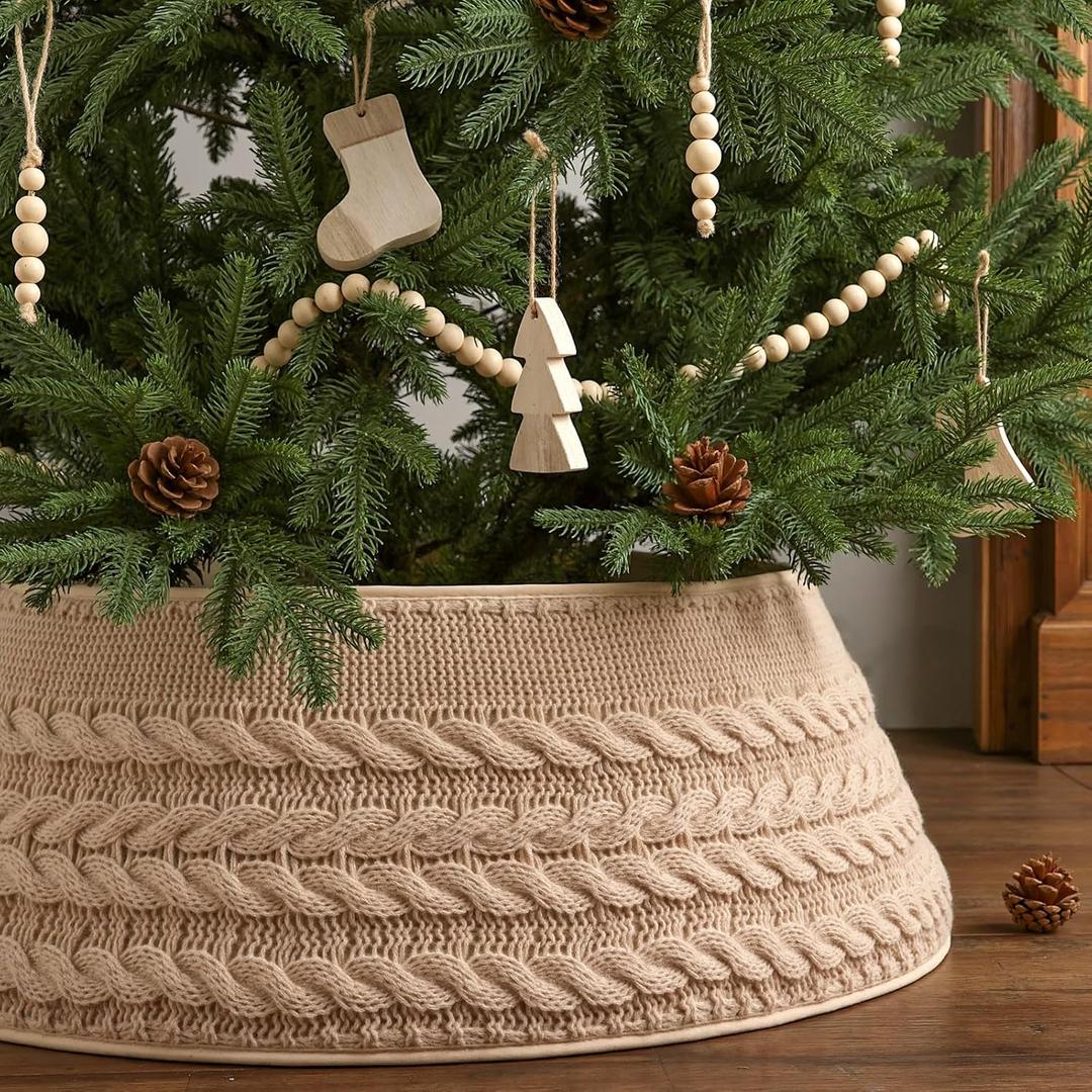 Knitted Christmas Tree Collar: Farmhouse Beige Cable Knit Styles Christmas Tree Collars for Artificial Trees, Rustic Handmade Tree Ring Tree Skirt for Merry Christmas Holiday Home Dcor Gifts