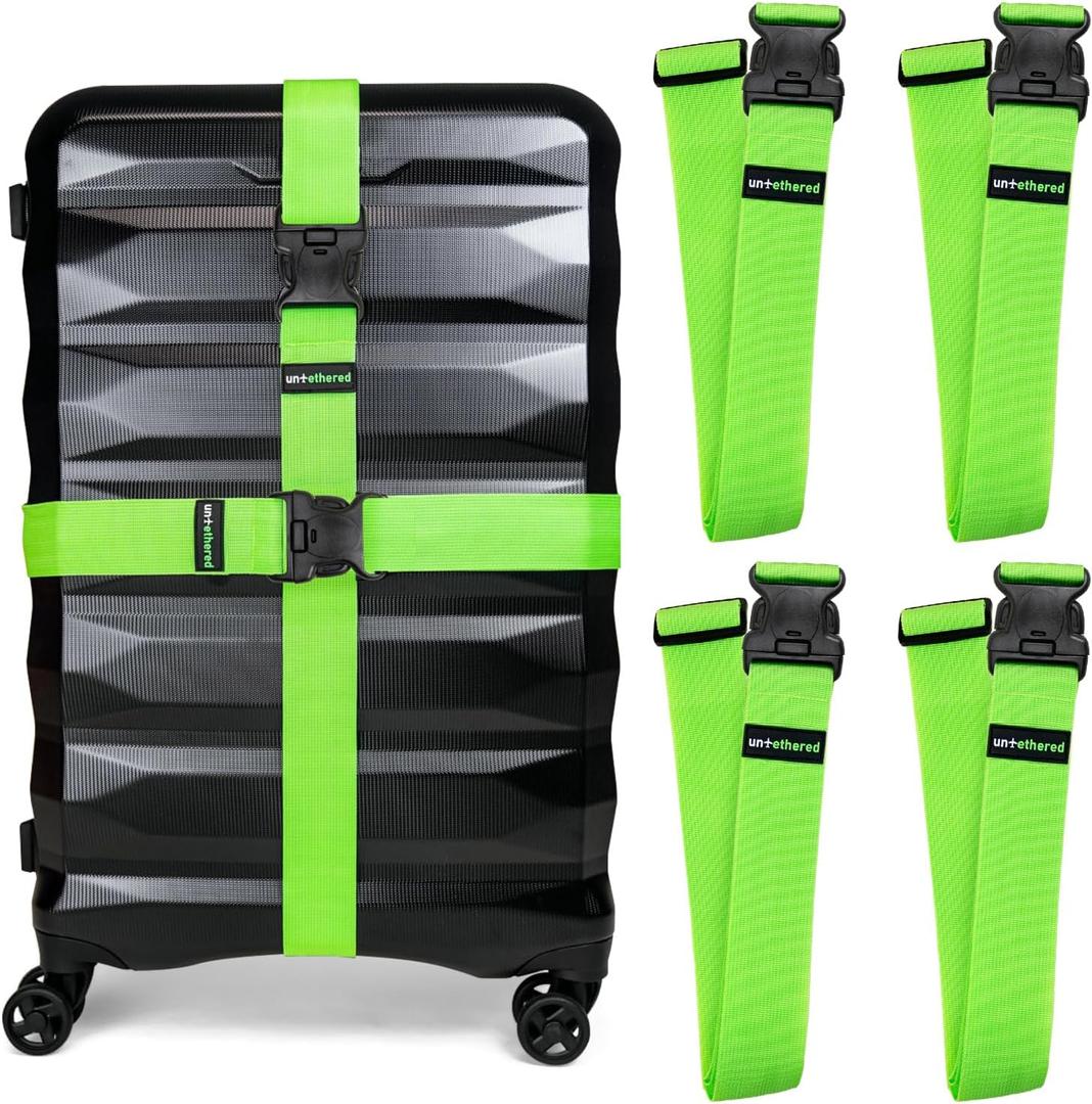 Untethered 4-Pack Luggage Straps | Durable TSA-Approved Suitcase Belt Straps | Adjustable Bag Straps for Secure Luggage Wrapping | Heavy-Duty Buckle Straps for Travel