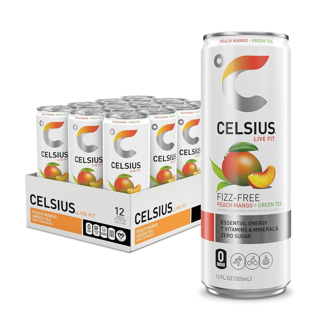 CELSIUS Fizz Free Peach Mango Green Tea, Sugar Free Energy Drink, 12 Fl Oz (Pack of 12) (EXP 11/30/27)
