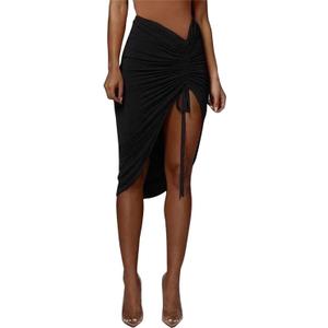 PRIMODA Women's Asymmetrical Bodycon Drawstring Ruched Midi Skirt with Thigh High Slit, Black, S