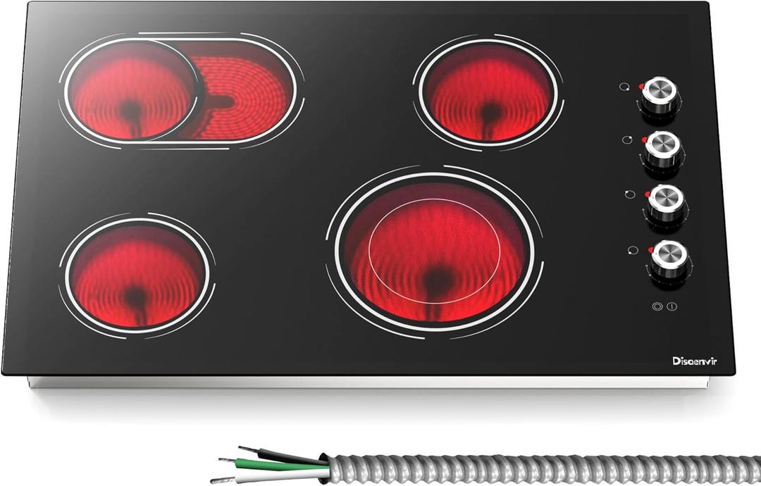Electric Cooktop 30 Inch - 4 Burner Powerful Glass Electric Stove Top 6700W, 30 Inches Built-in Ceramic Stovetop with Dual & Expanded Ring, Knob Control, 220V - 240V Hard Wire(No Plug)