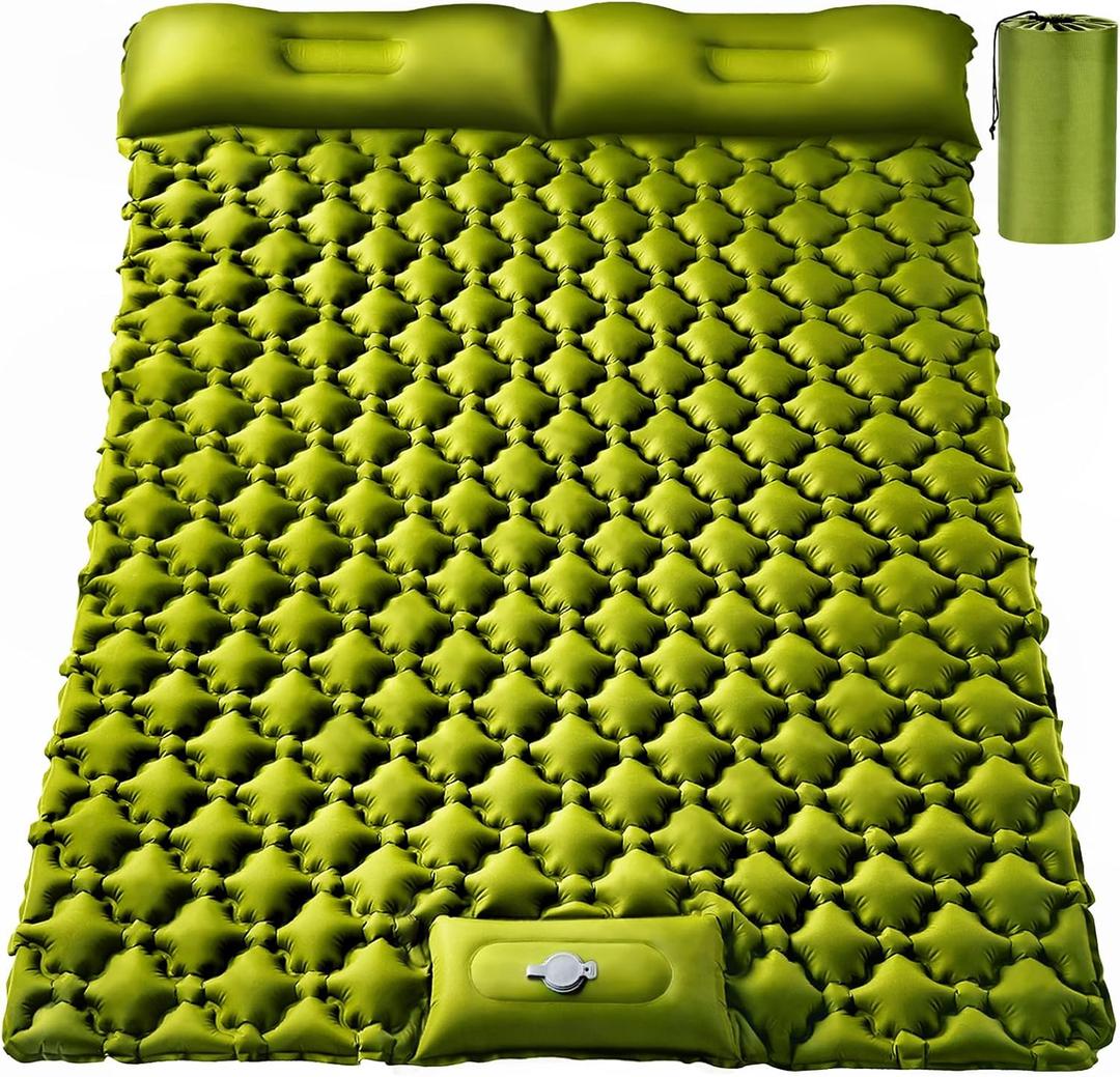 Double Sleeping Pad, Ultralight 4" Extra-Thick Self Inflating Sleeping Mat for 2 Person with Pillow Built-in Foot Pump Portable Camping Mat for Backpacking, Hiking, Traveling, Tent, Camping (Army Yellow)