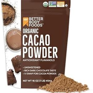 BetterBody Foods Organic Cacao Powder, Rich Chocolate Flavor, Non-GMO, Gluten-Free, Cocoa, 16 ounce, 1 lb bag, Pack of 5, BBD 09/03/ 2027