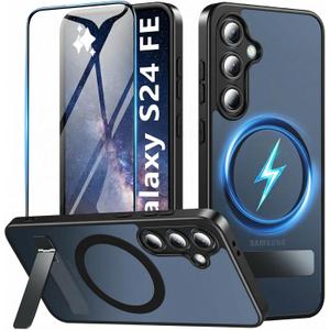 Hensinple for Samsung Galaxy S24 FE Case with Stand & Screen Protector,S24 FE Case Compatible with Magsafe, Military Shockproof Kickstand Matte Transparent Phone Case for Galaxy S24 FE(Black)