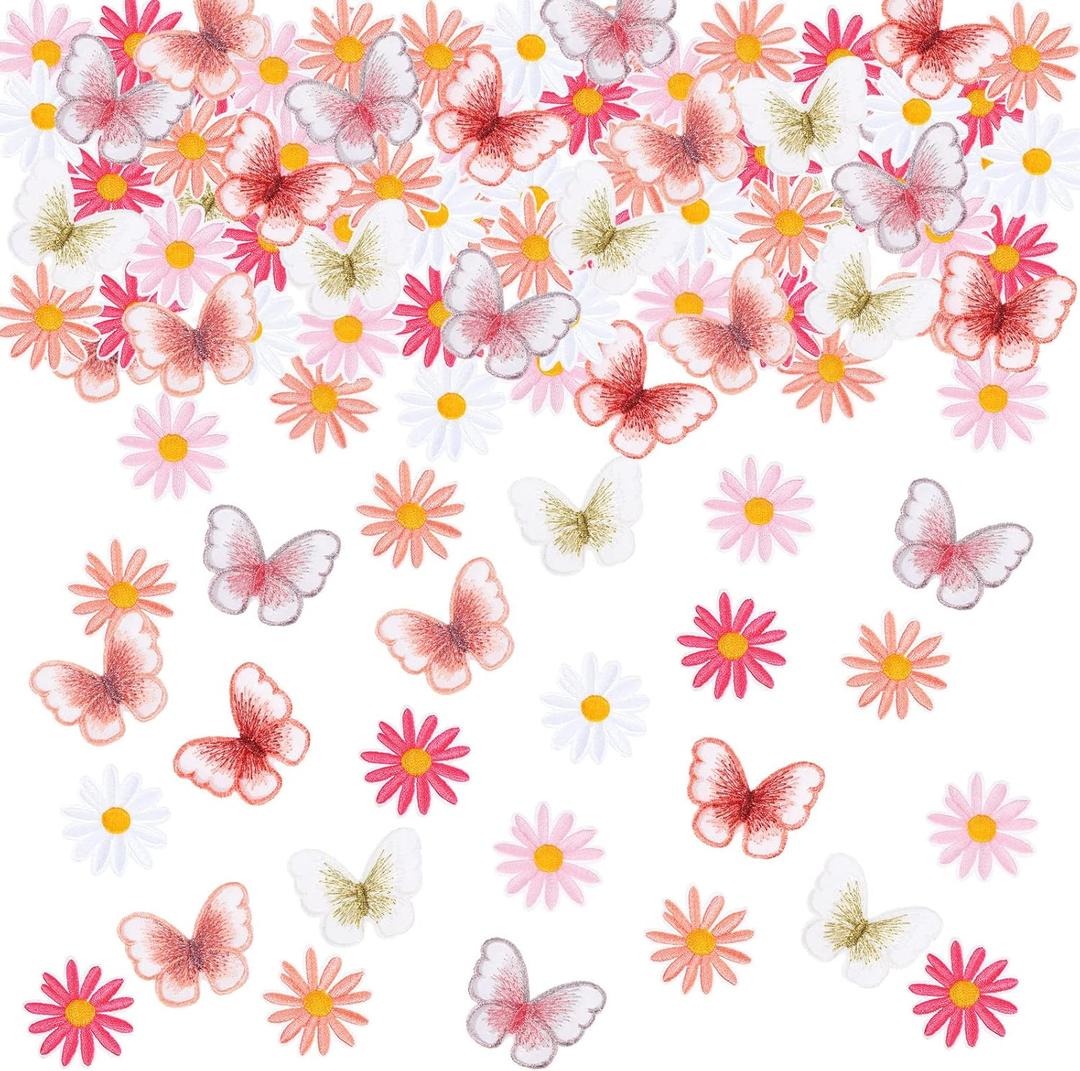 Cindeer 80 Pcs Embroidered Iron on Patch, Butterfly Daisy Flower Iron on Patches Set, Mini Cute Decoration Sew on Patch Applique for Clothes, Dress, Hat, Jeans, Arts Crafts DIY Accessories