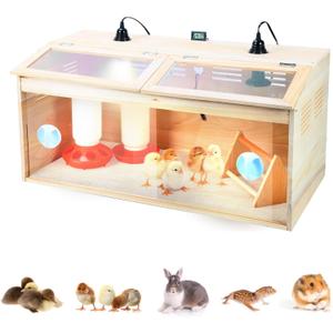 Chicken Brooder Box Chick Starter Kit,Large Wooden Poultry Brooder with Chick Waterer Feeder Chick Perch Thermometer and Heat Lamp Set,Baby Chicken Supplies for Duck Quail Hamsters and Lizards