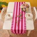 HunnmingRe Ruffle Edge Striped Table Runner 118 x 15.7 Inch Scalloped Table Cover Farmhouse Linen-Cotton Blend Fabric Tabletop Decor for Home Kitchen Dinner Wedding Bridal Shower Party