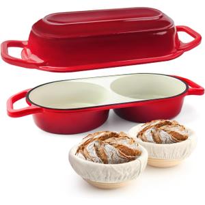YONILL Mini Double Dutch Oven for Sourdough Bread Baking - Enameled Cast Iron Dutch Oven Pot with Lid and 5" Banneton Bread Proofing Basket Kit, Dual Round Bread Loaf Pan for Homemade Baking (Red)