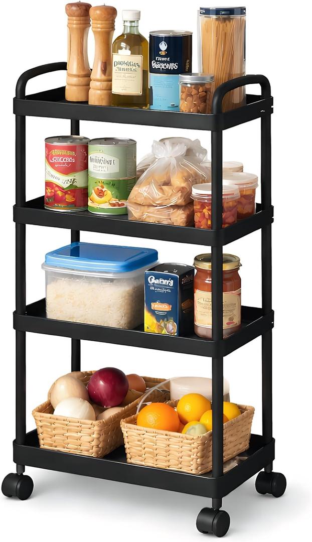 4-Tier Rolling Utility Cart with Handle Multi-Functional Storage Trolley with Wheels, Movable Organizer for Kitchen, Living Room, Office (Black)