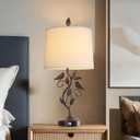 27" Set of 2 Touch Farmhouse Table Lamps for Living Room with 3-Way Dimmable 2 USB Ports, Vintage Rustic Iron Leaf Nightstand Lamp for Bedroom, LED Bulb Included (‎Bronze)