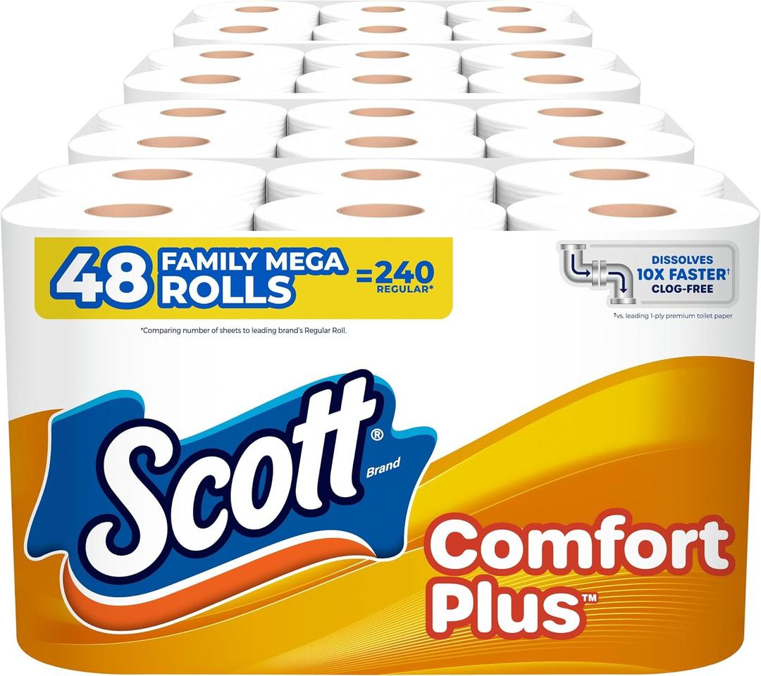 Scott ComfortPlus Toilet Paper, 48 Family Mega Rolls, 352 Sheets per Roll