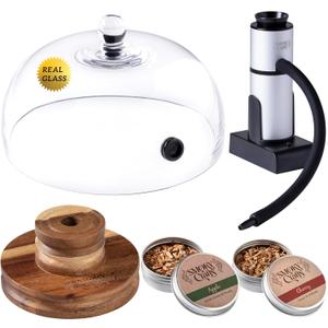 Food and Drink Smoker Kit with Smoke Gun, 8" Smoking Cloche Glass Dome, Acacia Cocktail Smoke Top and Wood Chips (Apple & Cherry) - Whiskey Smoker Kit - Gifts for Men (Torch Not Required)