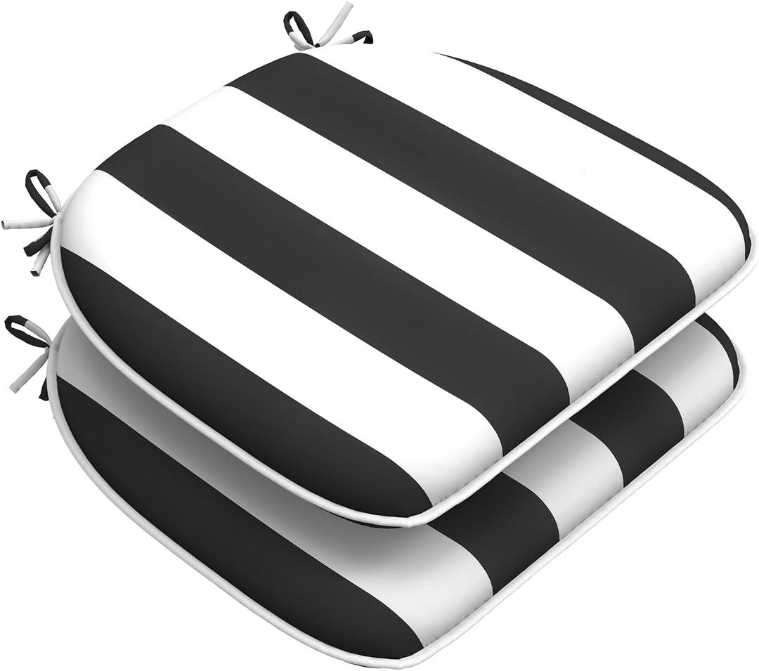 DYTXIII Set of 2 Outdoor Chair Cushions with Ties,Water Repellent Patio Chair Pads 17"x 16" for Outdoor Furniture,Round Corner Seat Cushions for Garden Yard Kitchen Cabana Black, Pack of 2
