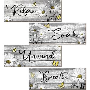 Sunnyray 4 Pcs Farmhouse Bathroom Wall Decor Sign Daisy Floral Flowers and Butterfly Bathroom Wall Art Relax Soak Unwind Breathe Rustic Wood Plaque for Home Spa Laundry (Gray, 9.8 x 4 inch)