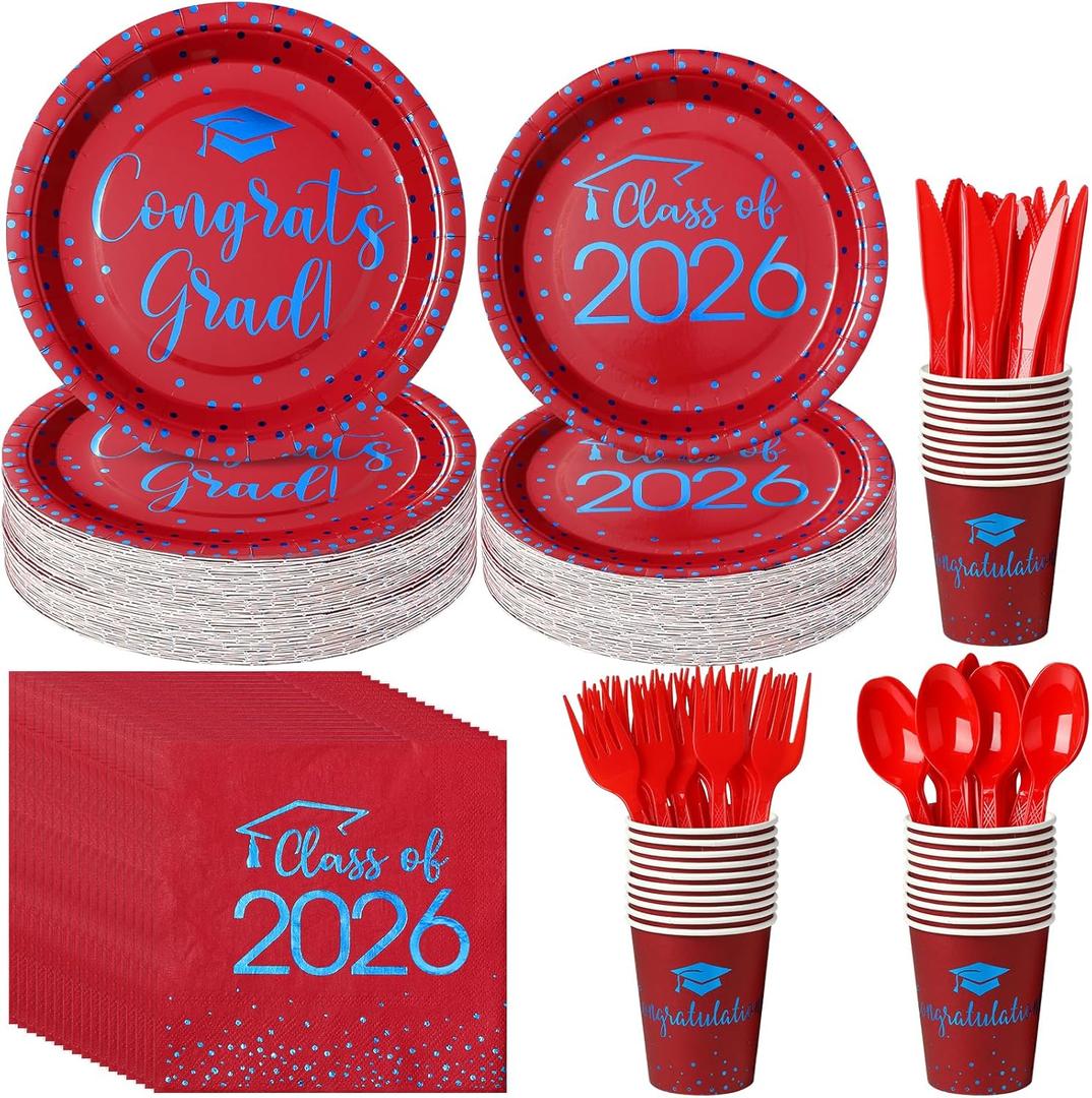 175pcs Class of 2026 Graduation Plates and Napkins Set, Disposable Paper Plate Set Polka Dots Plates Napkins Cups Knife Fork Spoon for Graduation Party Decorations and Supplies,Serve 25 (Red Blue)