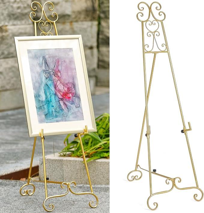 Metal Free Standing Adjustable Display Stand Scroll Easel with Chain Support, Gold Easel Stand for Sign, Wedding, Picture Frame. (No Installation Required), 17.32L x 24.4W x 56.4H inches