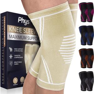 PhysFlex Knee Brace for Pain Relief - 2 Pack Knee Compression Sleeves for Men and Women - Support for Weightlifting, Gym, Workout, Volleyball - Meniscus Tear, ACL, Arthritis (Beige, Medium)