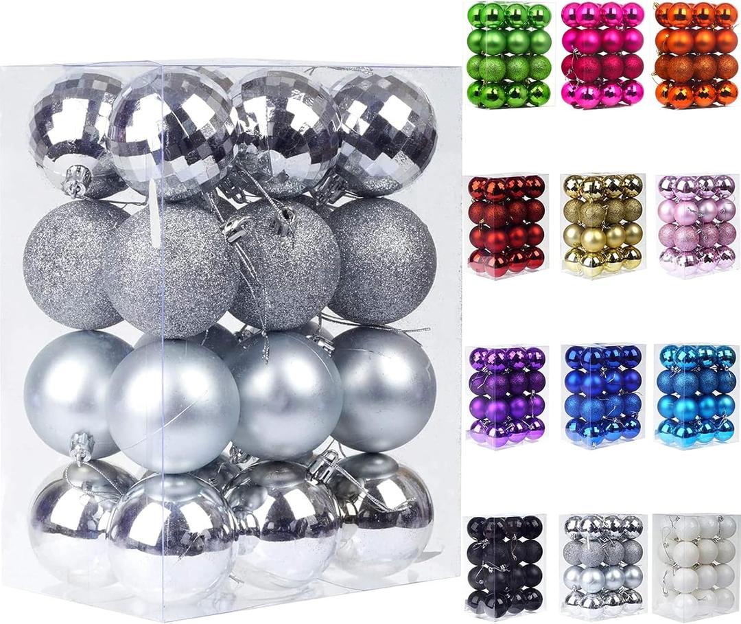 Emopeak 24Pcs Christmas Balls Ornaments for Xmas Christmas Tree - 4 Style Shatterproof Christmas Tree Decorations Hanging Ball for Holiday Wedding Party Decoration (Silver, 1.6"/4.2CM)