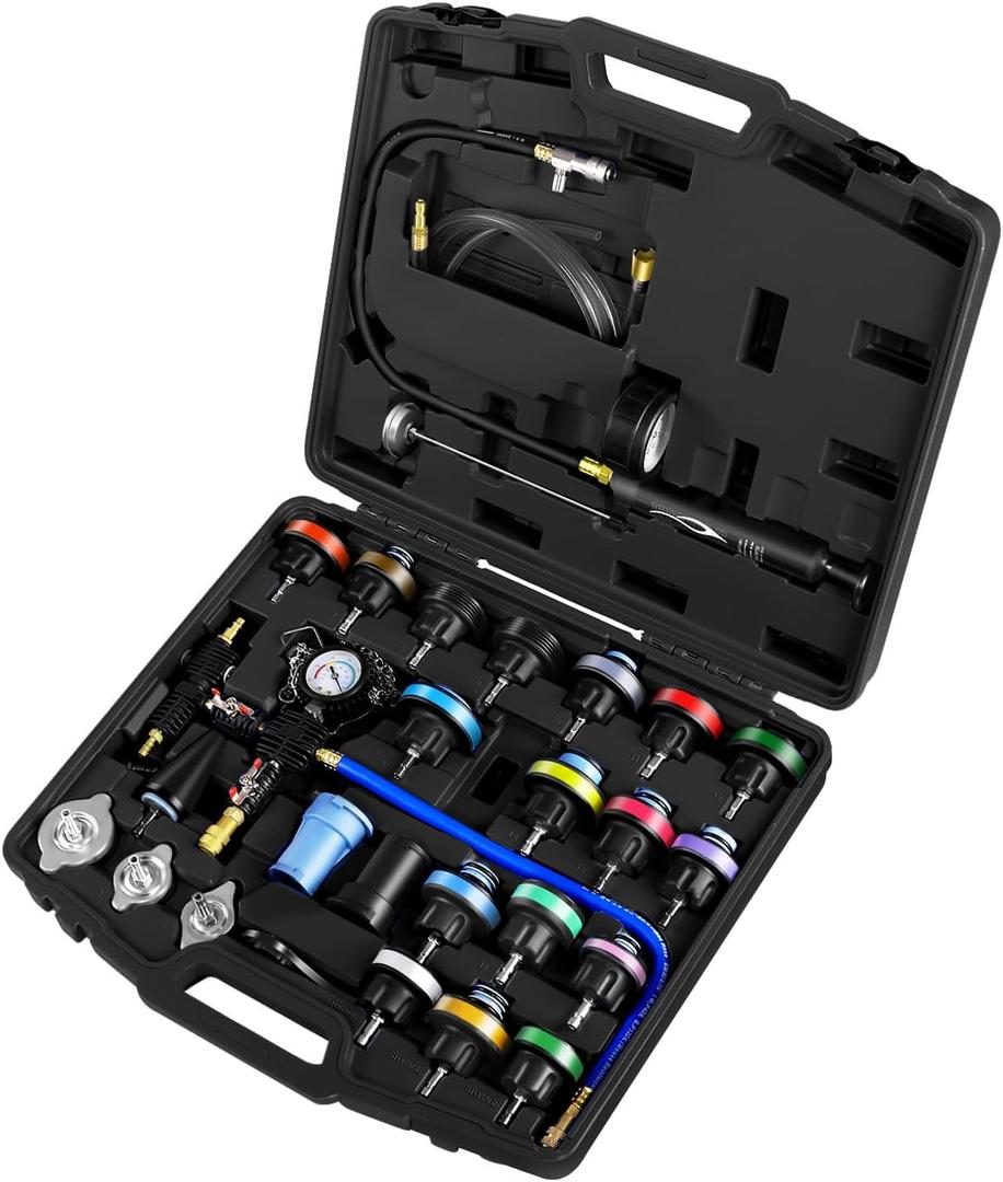 JIFETOR Radiator Coolant Pressure Tester Vacuum Refill Tool Kit, 28PCS Automotive Cooling System Leak Test and Pneumatic Purge Fill Set with Testing Adapter Caps Universal for Airlift Car Auto Truck