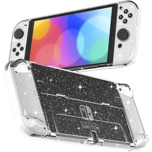 RHOTALL 3 in 1 Protective Glitter Clear Case Cover for Nintendo Switch OLED, Dockable Skin for Switch OLED and Joy Con Controller, Comfort Grip Shell with Shock-Absorption and Anti-Scratch Design